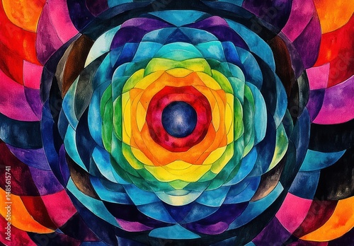 Colorful abstract concentric circular shapes radiating outward with vibrant overlapping layers creating a dynamic kaleidoscopic pattern