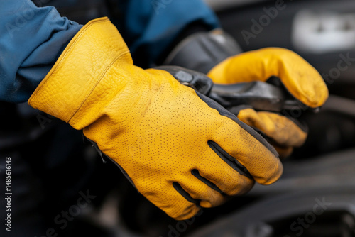 Close-up of gloved hands preparing for a mechanical task in an industrial setting