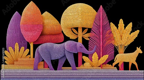 Pixel Art Elephant and Deer in a Vibrant Forest