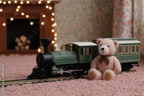 nostalgic christmas scene in usa featuring vintage toys like wooden trains and teddy bears softly illuminated by