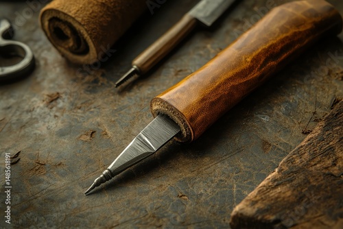 A mockup of a leather stitching awl with a wooden handle, placed on a table
