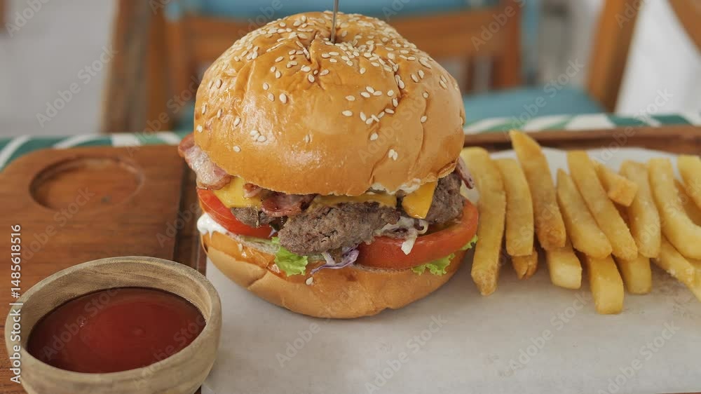 Unhealthy fast food meal with juicy burger melted cheddar crispy bacon and golden fries on rustic wooden tray Unhealthy combo packed with calories Unhealthy lifestyle impacts health negatively