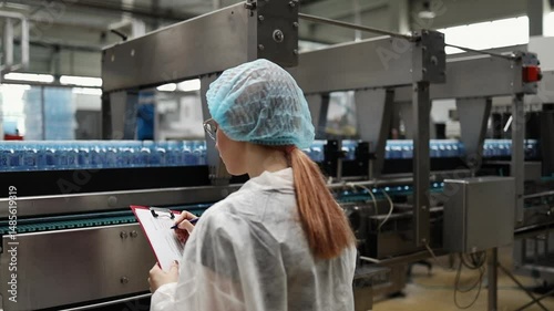 Female food technician wearing protective clothing and mask is checking plastic water bottles on production line in bottling factory, holding clipboard and inspecting products