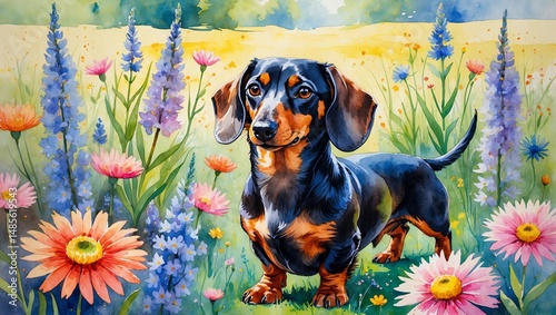 A charming dachshund among colorful blossoms