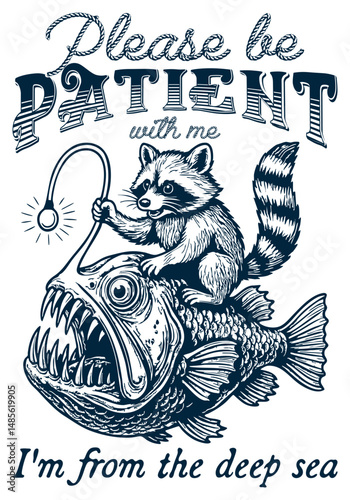 A raccoon is riding a large deep sea anglerfish. Retro Meme Vintage. Vintage style.