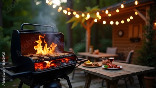 Backyard barbecue party grilling food with fire and string lights night