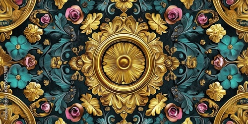 Intricate floral pattern with ornamental gold designs, teal leaves, and pink roses against a dark background, evoking elegance and luxury