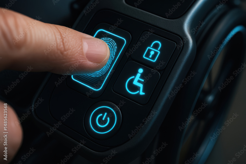 Obraz premium Futuristic wheelchair control panel with illuminated fingerprint scanner and accessibility buttons designed for easy and secure operation by users