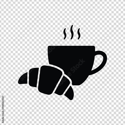 Silhouette vector of a hot coffee cup with croissant, perfect for breakfast and café-themed designs.