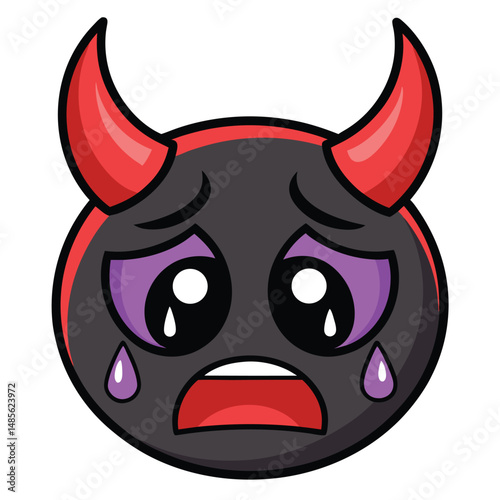 Design a devil-horned emoji with exaggerated features weeping purple tears.  Focus on vibrant red and purple color palette.  High detail.