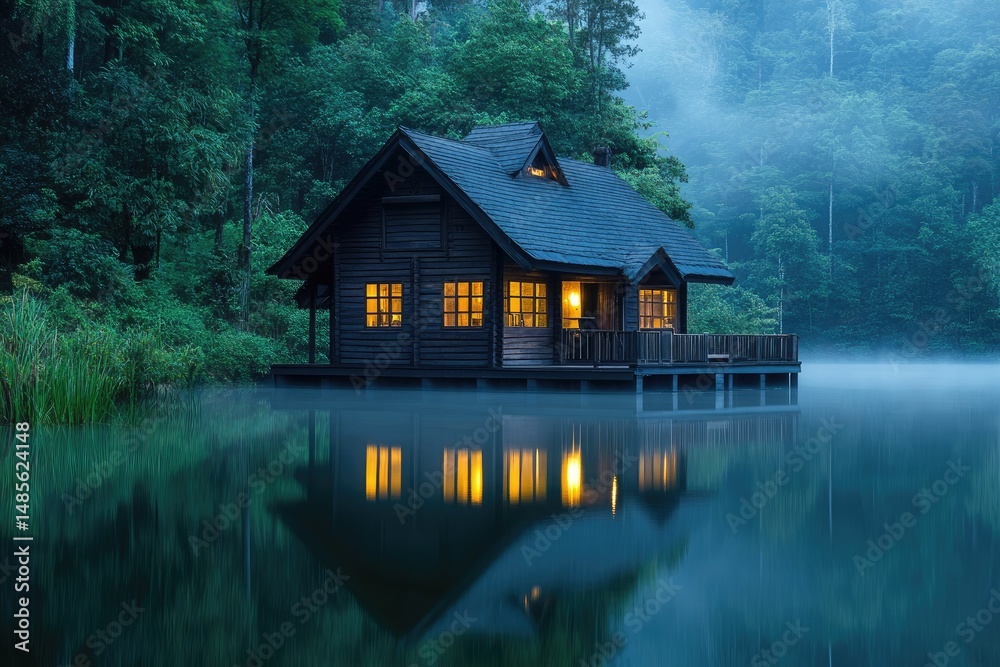 Fototapeta premium Rustic cabin on a misty lake at dawn. Illuminated windows reflect in the still water, surrounded by lush forest