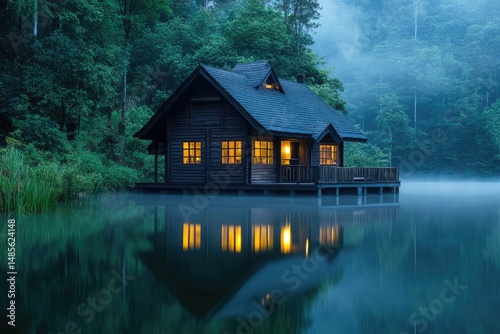 Fototapeta Naklejka Na Ścianę i Meble -  Rustic cabin on a misty lake at dawn.  Illuminated windows reflect in the still water, surrounded by lush forest