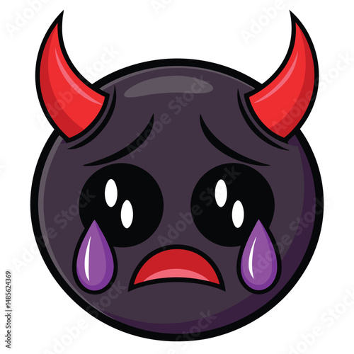 Design a devil emoji with horns, crying large purple tears, featuring a red and purple color scheme.  Illustrate sadness and distress.