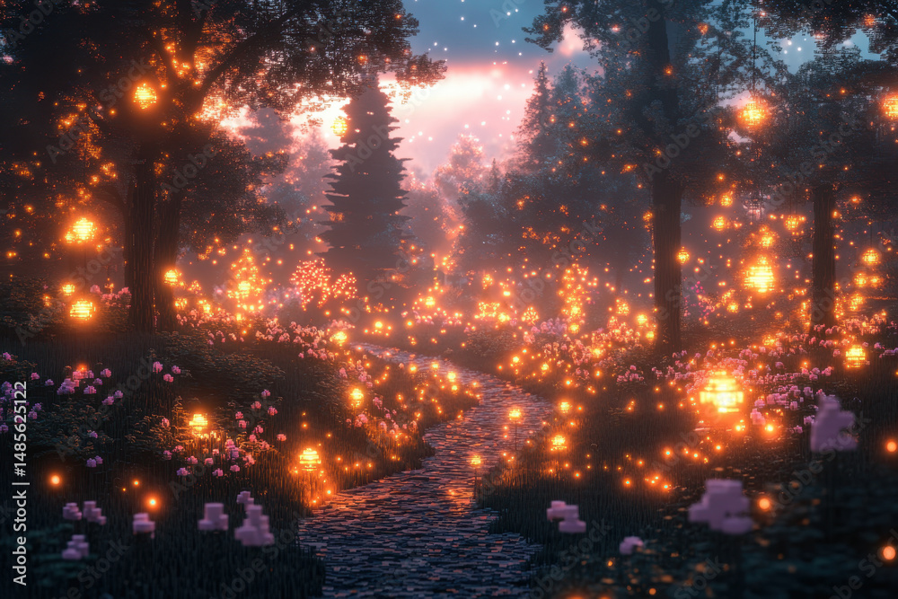 Obraz premium Glowing lights illuminate a forest scene.