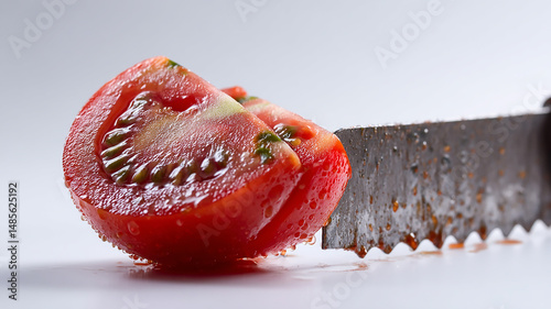 Close-Up of Tomato Being Sliced by Knife on White Background – Fresh Red Vegetable with Juicy Texture and Clean Minimalist Style photo