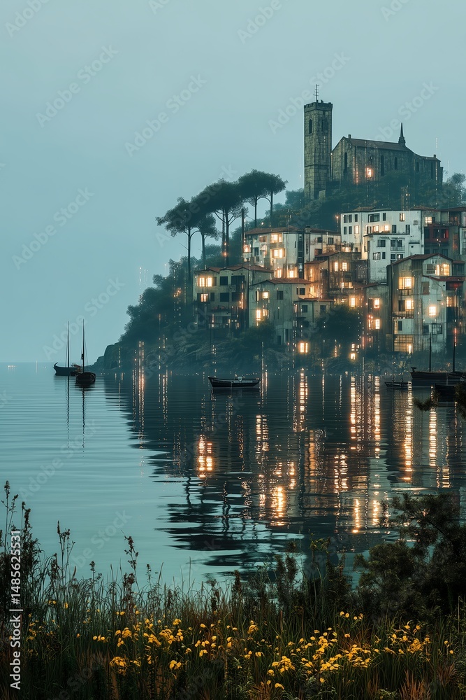 Fototapeta premium Serene lakeside village with reflections in calm water.