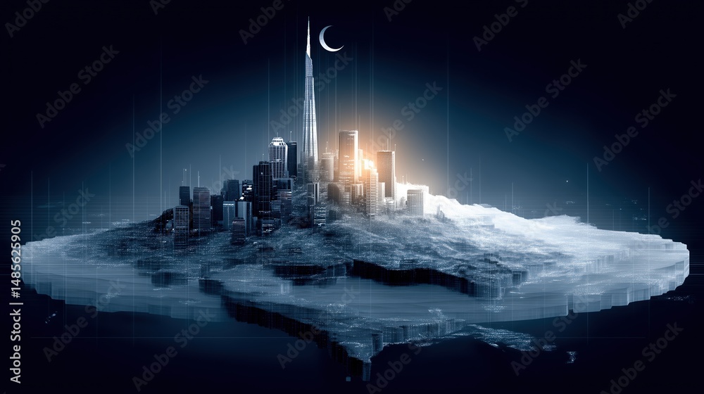 Fototapeta premium Futuristic cityscape with glowing skyline and abstract design.