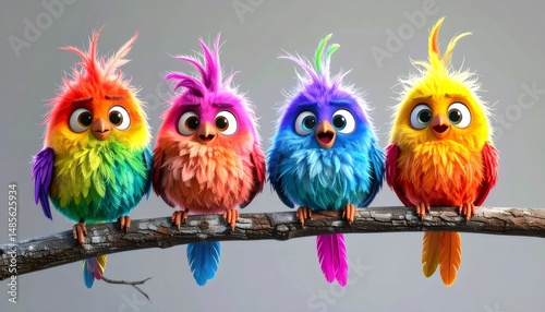Four colorful cartoon birds sitting on a branch