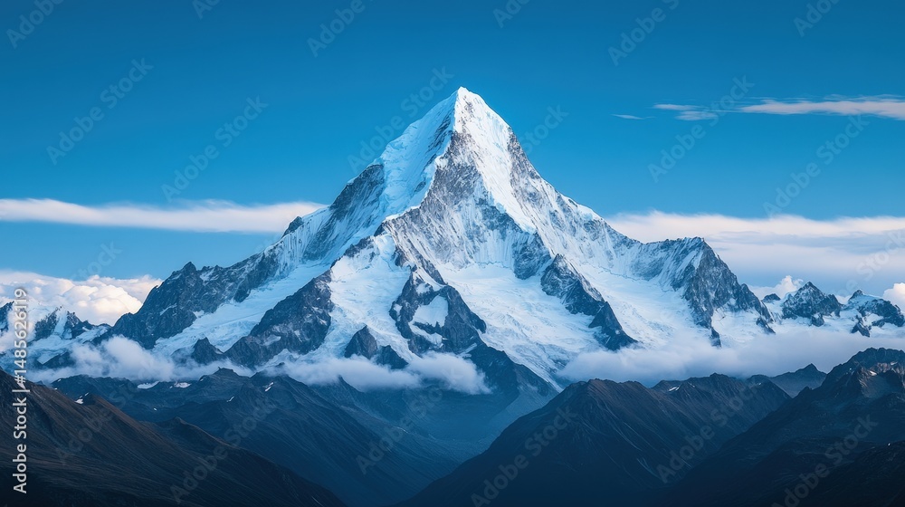 Fototapeta premium Majestic Mountain Range Swept by Midday Sun Beneath Clear Blue Sky with Billowing Clouds and Snowy Peaks