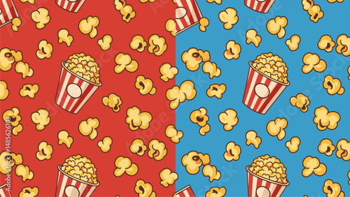 Seamless Popcorn Pattern: Red and Blue Movie Snack Backgrounds