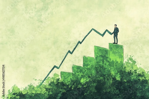 A graph showing upward growth, with a businessman analyzing it, professional and focused.