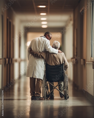 Compassionate photograph of a friendly doctor comforting an elderly patient in a hospital corridor, warm overhead lighting, hopeful mood, photorealistic