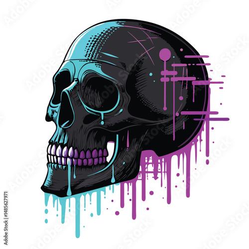 Generate a digital art image depicting a skull distorted by a glitching, pixelated effect, showcasing vibrant color anomalies and data corruption artifacts.