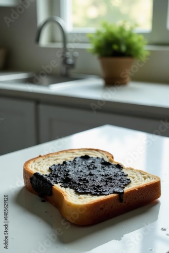 A single slice of bread topped with dark, rich spread sits on a kitchen counter
