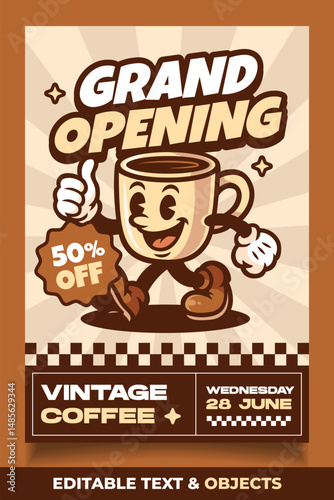 Coffee Cup Retro Mascot Logo for Coffee Shop and Cafe. Coffee Poster Illustration in Vintage Style