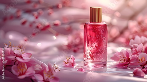 Pink Perfume Bottle with Cherry Blossoms on Silk