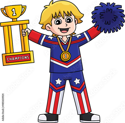 Male Cheerleader Holding a Trophy Cartoon Clipart 