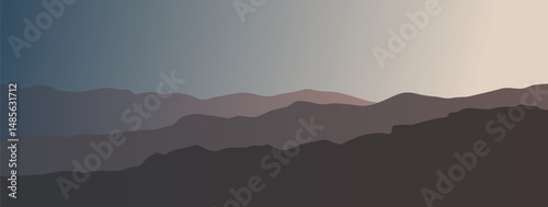 Morning sunrise or evening sunset mountain landscape terrain. Cartoon flat design background vector illustration. Design for banner or social media template.