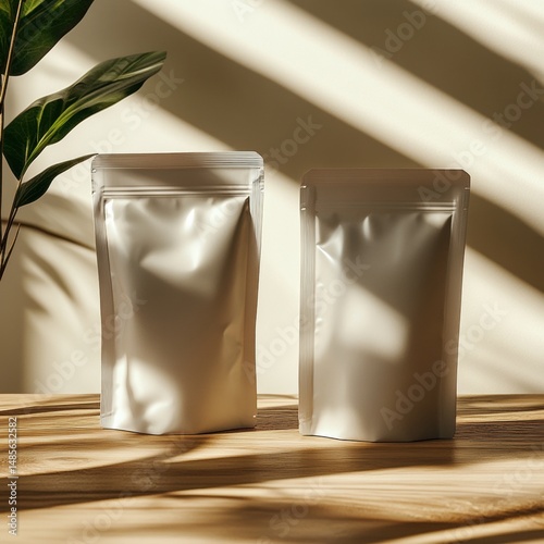 Two glossy silver resealable stand-up pouches on wooden surface with shadows and greenery, minimalist packaging design for food or retail products, natural lighting