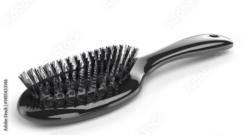 Hairbrush with curved base and plastic bristles.