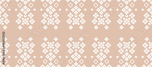 Ethnic pattern traditional fabric motif ikat geometric cross stitch.Ikat embroidery Ethnic oriental Pixel brown color label background. Abstract,vector. Texture,decoration,wallpaper.