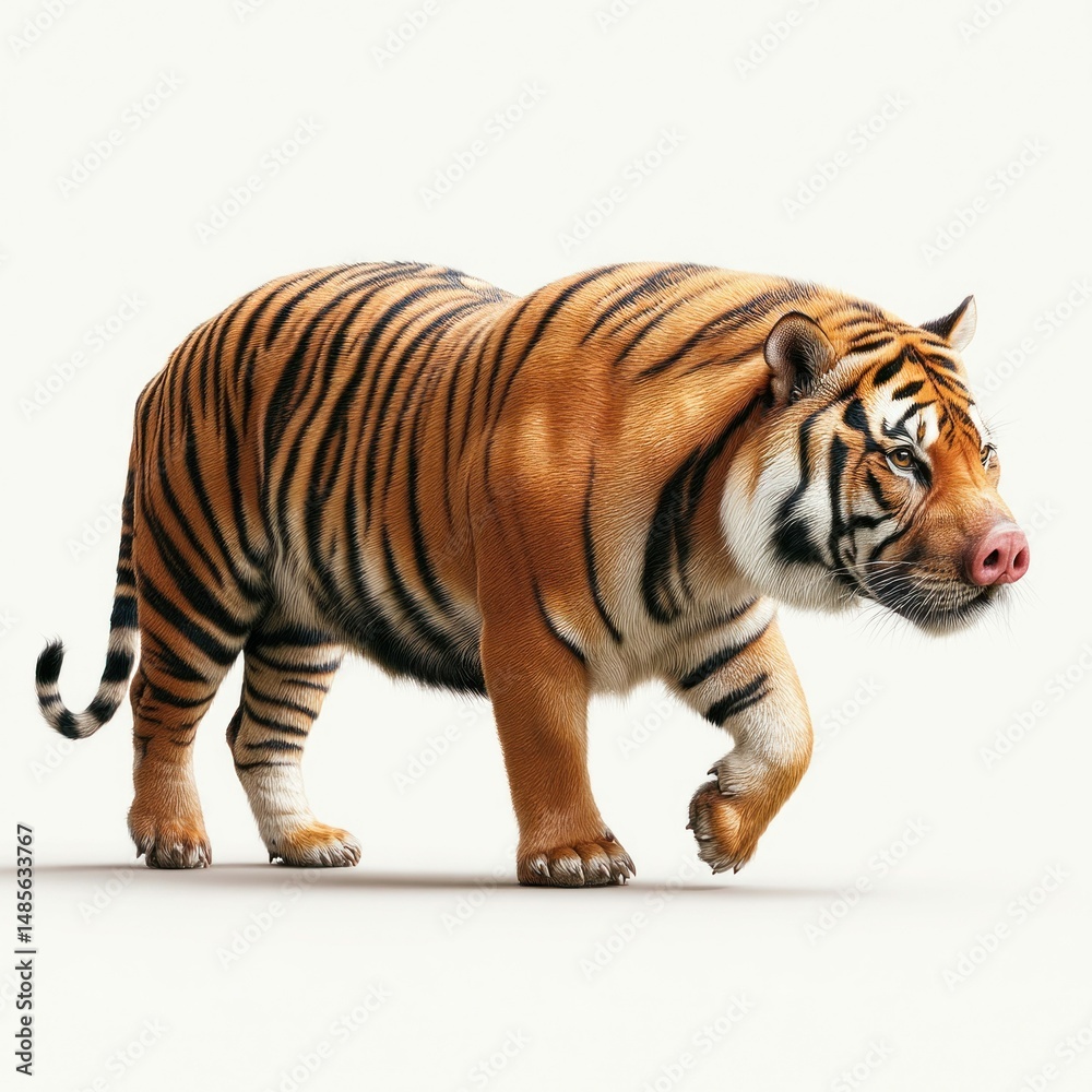 Obraz premium A majestic tiger strides confidently, showcasing its striking orange and black stripes in perfect detail on a pristine white background.