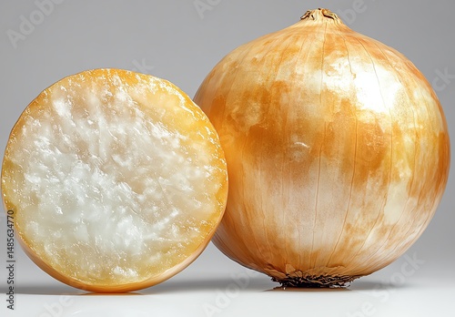 Two large, round cheeses wrapped in netting.