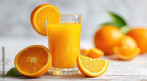 Freshly squeezed orange juice in a glass, garnished with orange slices, surrounded by whole and sliced oranges