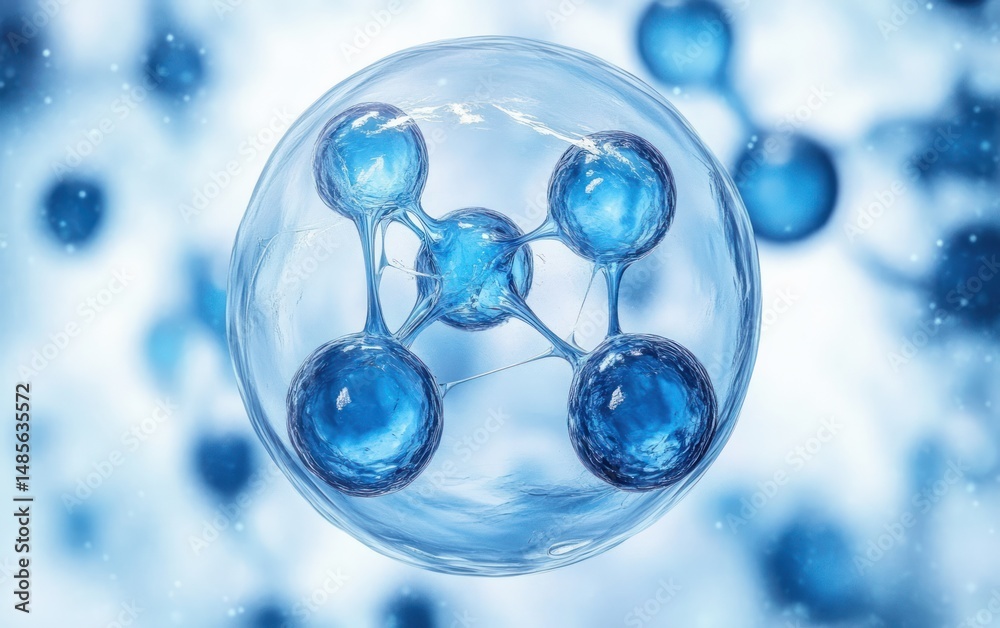 Close-up visualization of interconnected blue spheres inside a transparent bubble representing a molecular or atomic structure in a scientific environment Close-up visualization of interconnected blue spheres inside a transparent bubble representing a molecular or atomic structure in a scientific environment