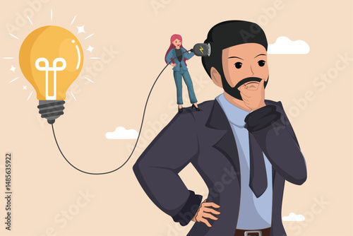 Connecting to Inspiration. A Businesswoman Plugging a Lightbulb into a Man's Head, Symbolizing Idea Generation.