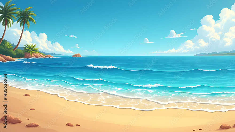 Fototapeta premium Beautiful Beach Illustration — Tropical Ocean Waves, Palm Trees & Summer Paradise Scene
