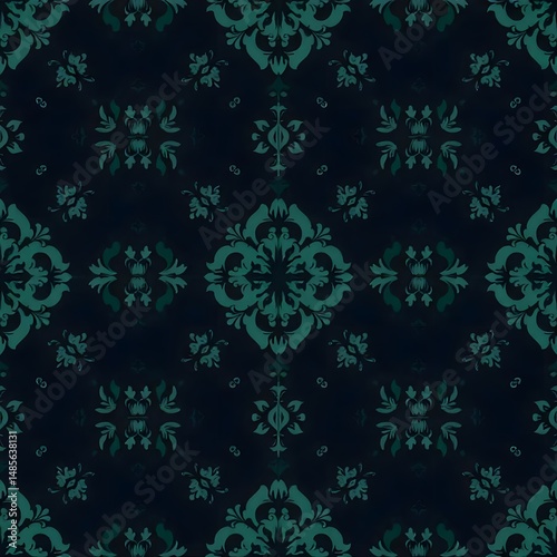 Dark Teal Ornamental Pattern Background: Vintage Style Floral Wallpaper Texture,  Elegant Repeat Design