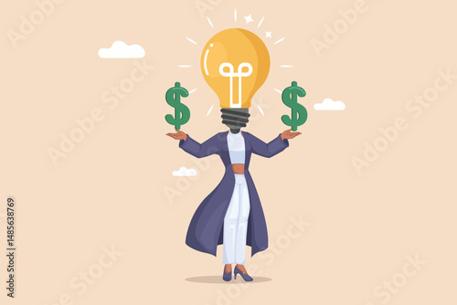 Idea to Money: A Light Bulb Headed Figure Balancing Dollar Signs, Representing the Monetization of Ideas.