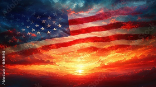 American flag waving at sunset. Fiery colors fill the sky.