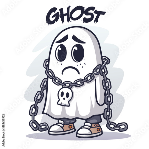 Ethereal ghost figure, bound by heavy chains, weeping amidst somber, melancholic graffiti art; urban decay setting.