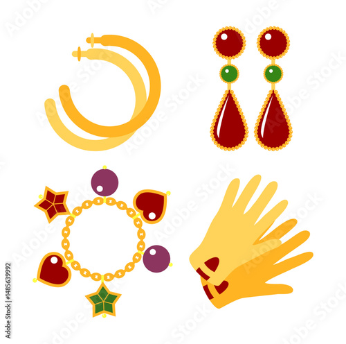 Set Luxury fashion icons. Gemstone and bracelet, brooch and trinket, emerald 