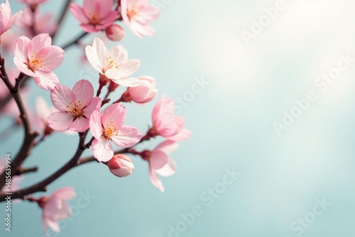 Delicate Pink Blossoms on a Branch Against a Soft Blue Sky Background, a Symbol of Springtime Renewal and Natural Beauty