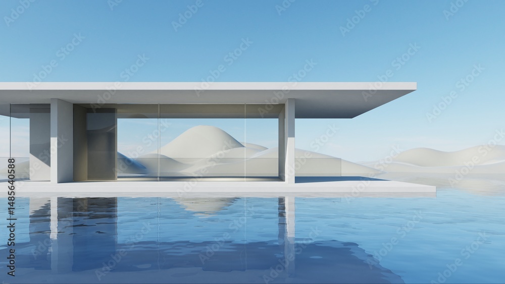 Fototapeta premium 3d render of abstract modern geometry architecture with empty cement floor, minimal white exterior against blue sky background
