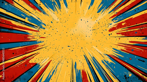 Abstract burst A bold, vibrant explosion of red, blue, and yellow rays radiating from a central point, speckled with dark specks