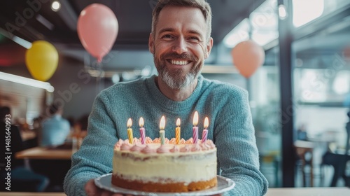 Middle-aged man with birthday cake at office